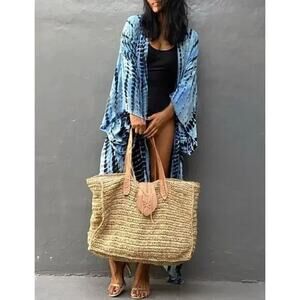 New Boho Flowy Ombre Tie Dye Beach Swim Coverup Maxi Duster Front Tie Blue B0400